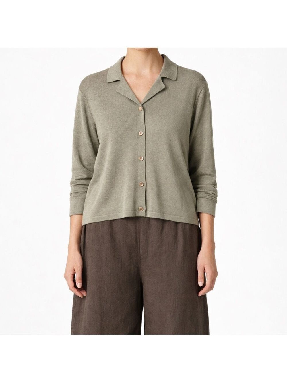 KASAJ Knitwear 100% Merino Wool Button Front Polo Style Cardigan in Sage Sz XL